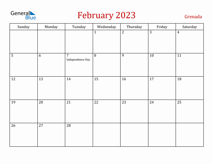 Grenada February 2023 Calendar - Sunday Start