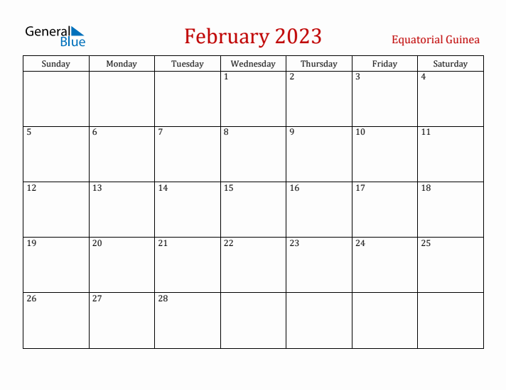 Equatorial Guinea February 2023 Calendar - Sunday Start