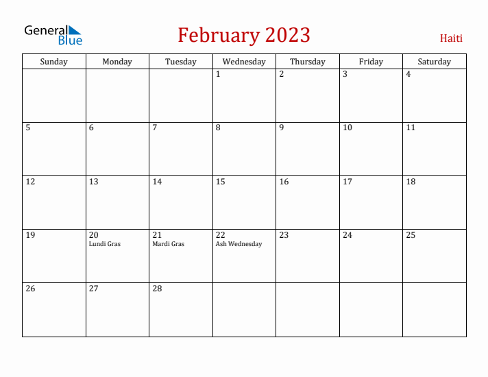 Haiti February 2023 Calendar - Sunday Start