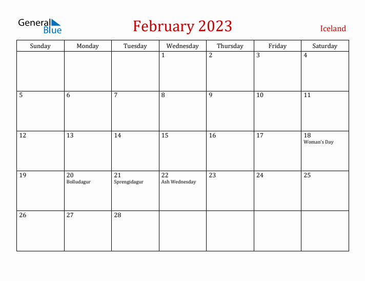 Iceland February 2023 Calendar - Sunday Start