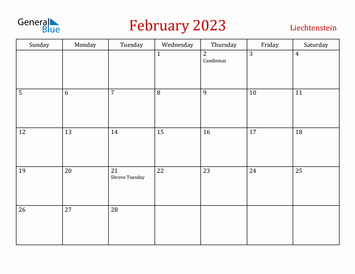 Liechtenstein February 2023 Calendar - Sunday Start