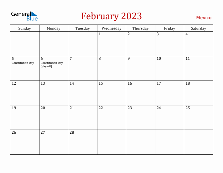 Mexico February 2023 Calendar - Sunday Start