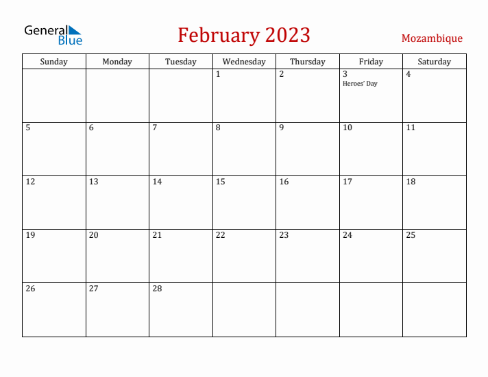 Mozambique February 2023 Calendar - Sunday Start