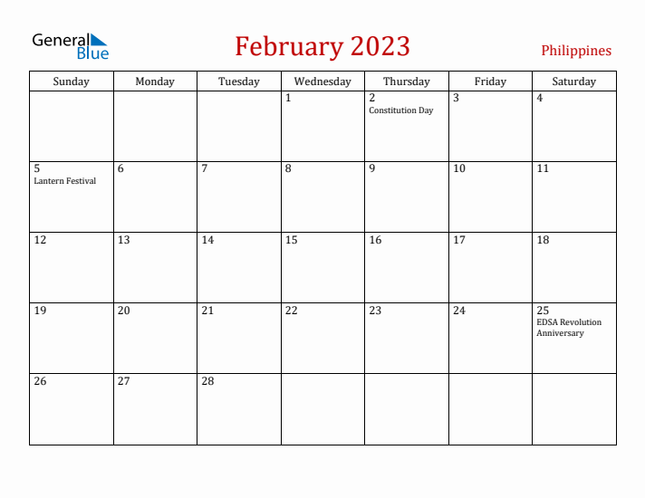 Philippines February 2023 Calendar - Sunday Start