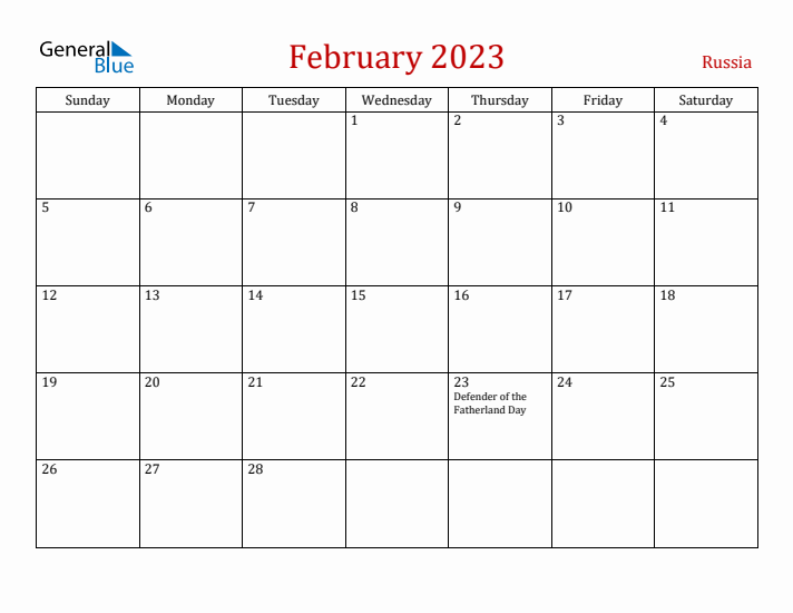Russia February 2023 Calendar - Sunday Start