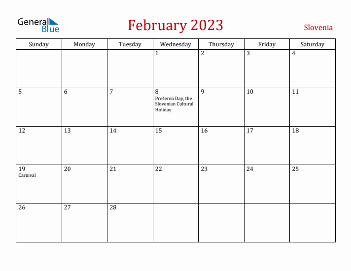 Slovenia February 2023 Calendar - Sunday Start