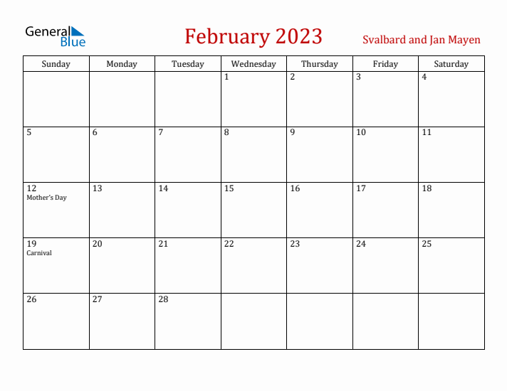 Svalbard and Jan Mayen February 2023 Calendar - Sunday Start