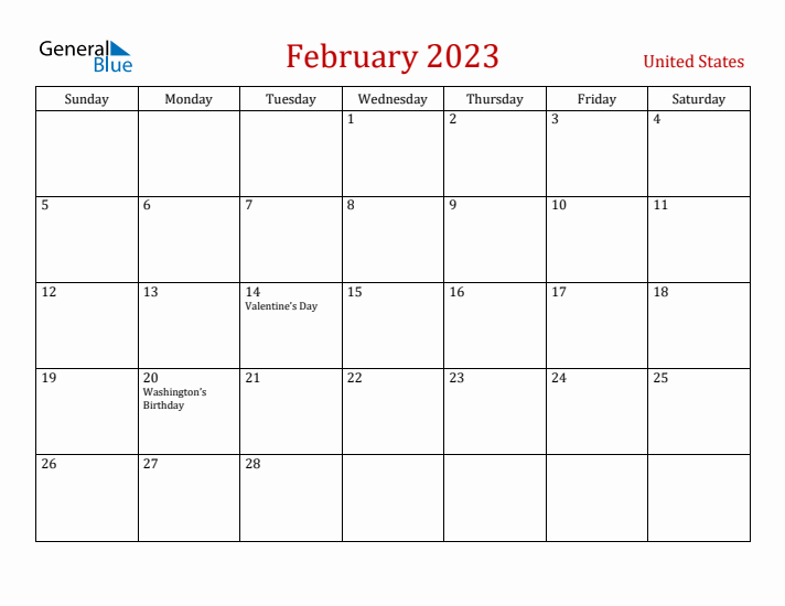 United States February 2023 Calendar - Sunday Start