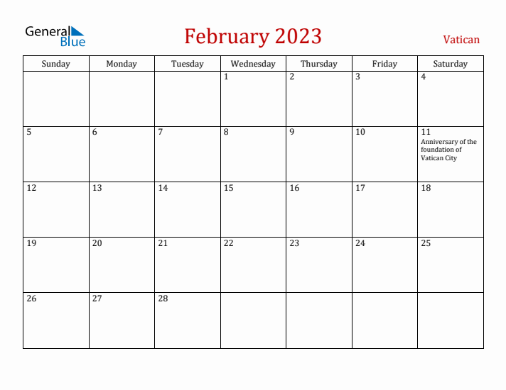 Vatican February 2023 Calendar - Sunday Start