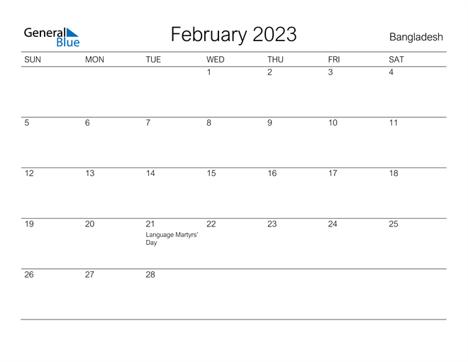 Printable February 2023 Calendar for Bangladesh