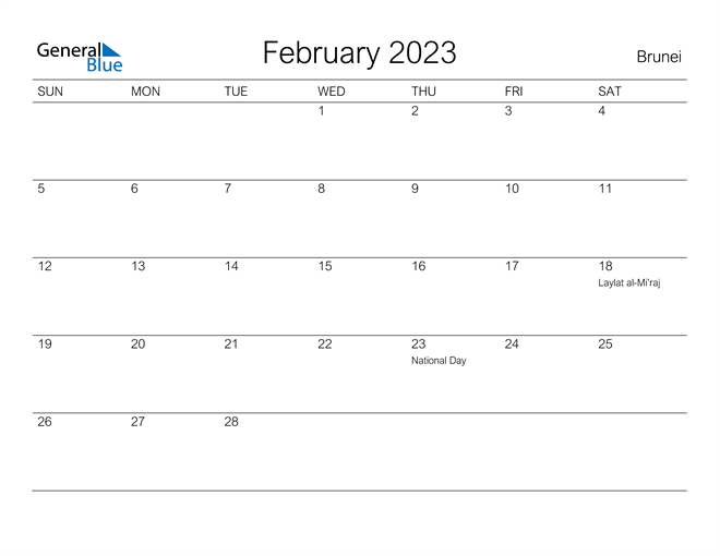 2023 Calendar With Holidays Brunei February 2023 Calendar With Brunei Holidays