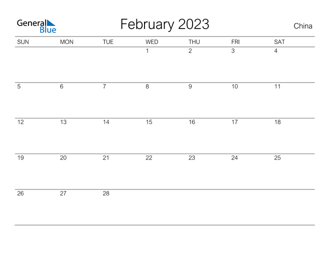 Printable February 2023 Calendar for China