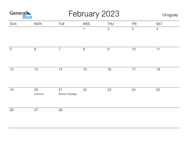 Printable February 2023 Calendar for Uruguay