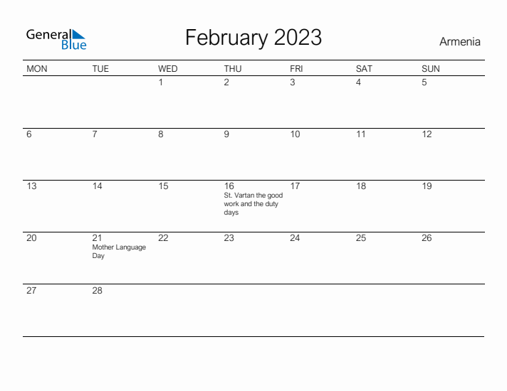 Printable February 2023 Calendar for Armenia