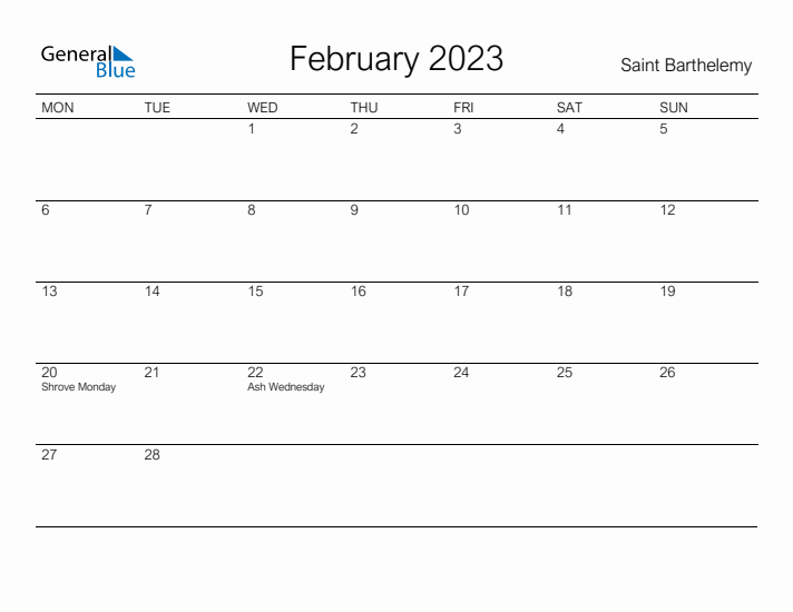 Printable February 2023 Calendar for Saint Barthelemy
