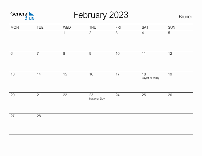 Printable February 2023 Calendar for Brunei