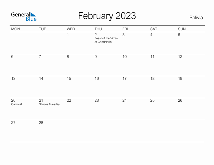 Printable February 2023 Calendar for Bolivia