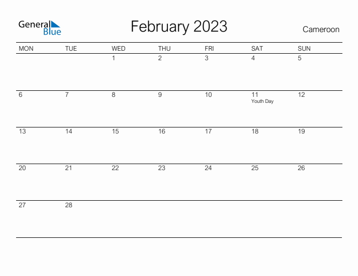Printable February 2023 Calendar for Cameroon