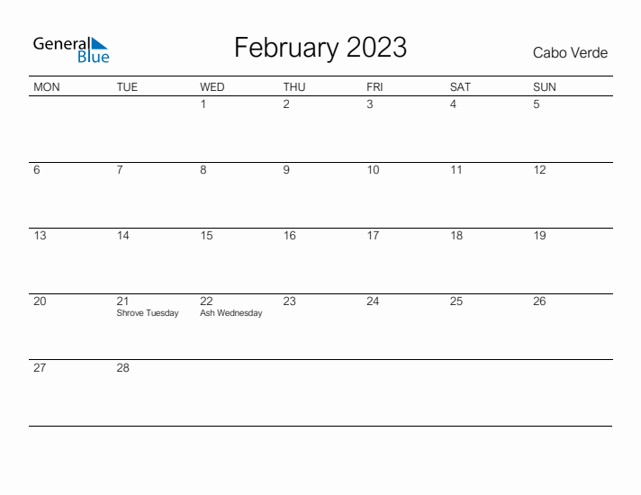 Printable February 2023 Calendar for Cabo Verde