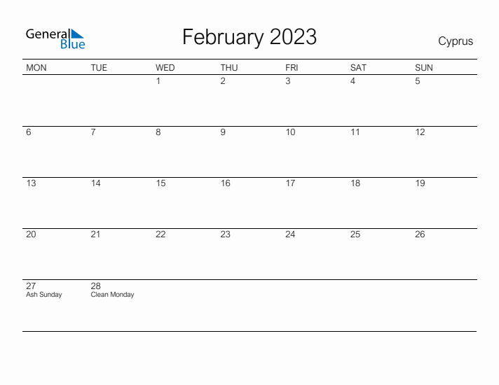 Printable February 2023 Calendar for Cyprus