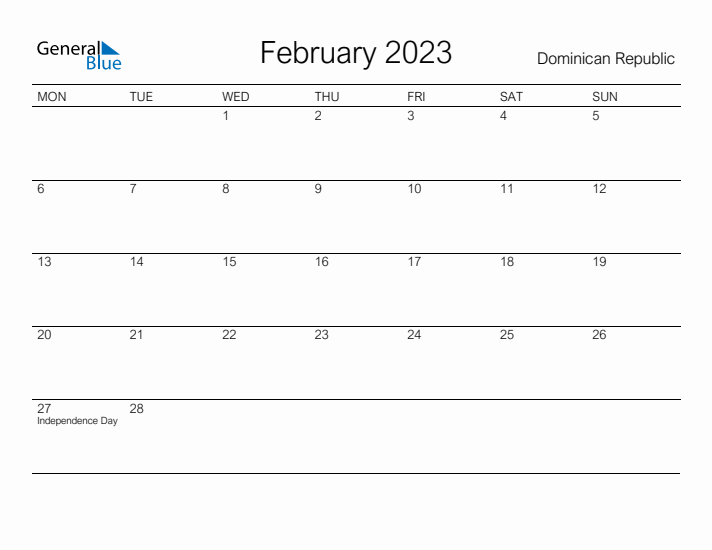 Printable February 2023 Calendar for Dominican Republic