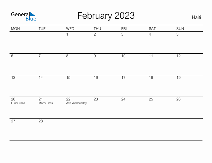 Printable February 2023 Calendar for Haiti
