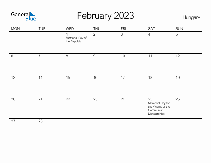 Printable February 2023 Calendar for Hungary