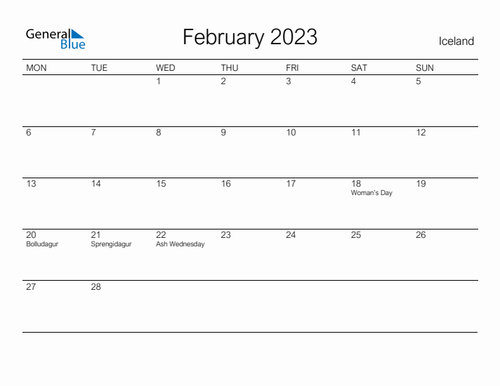 Printable February 2023 Calendar for Iceland