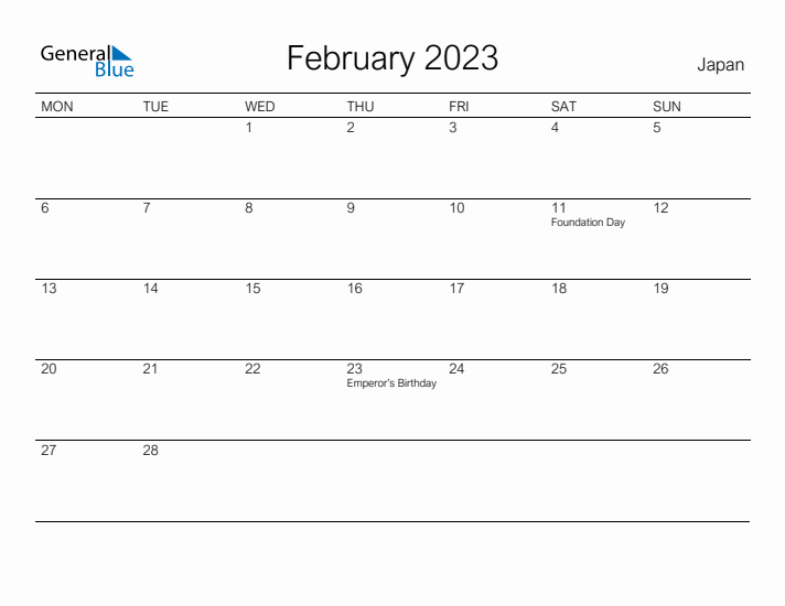 Printable February 2023 Calendar for Japan
