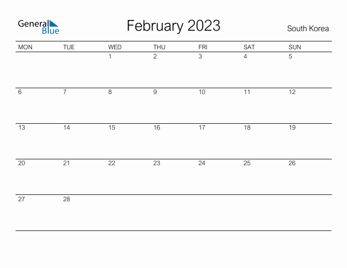 Printable February 2023 Calendar for South Korea