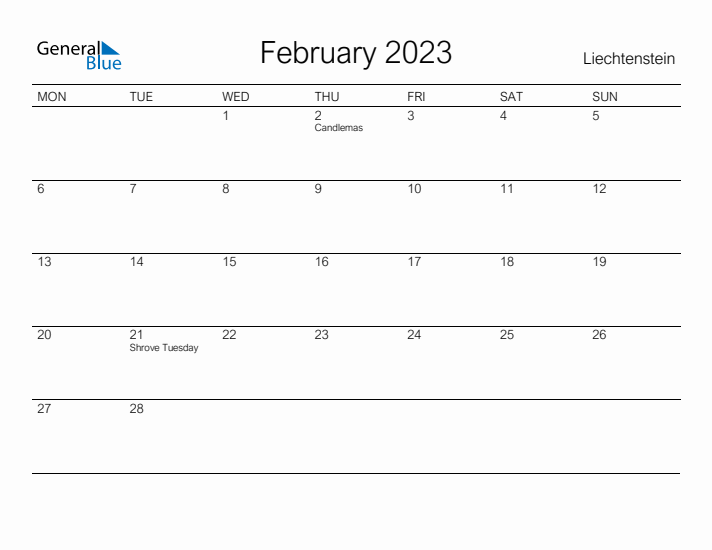 Printable February 2023 Calendar for Liechtenstein