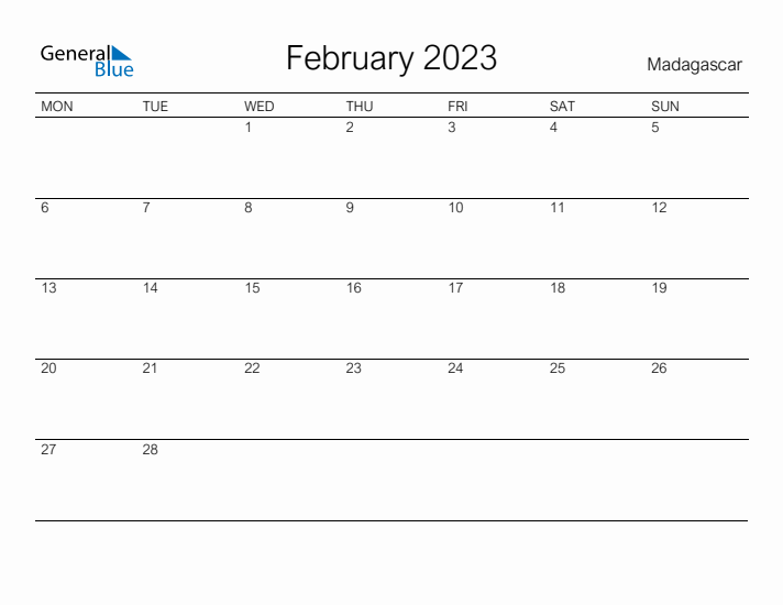 Printable February 2023 Calendar for Madagascar