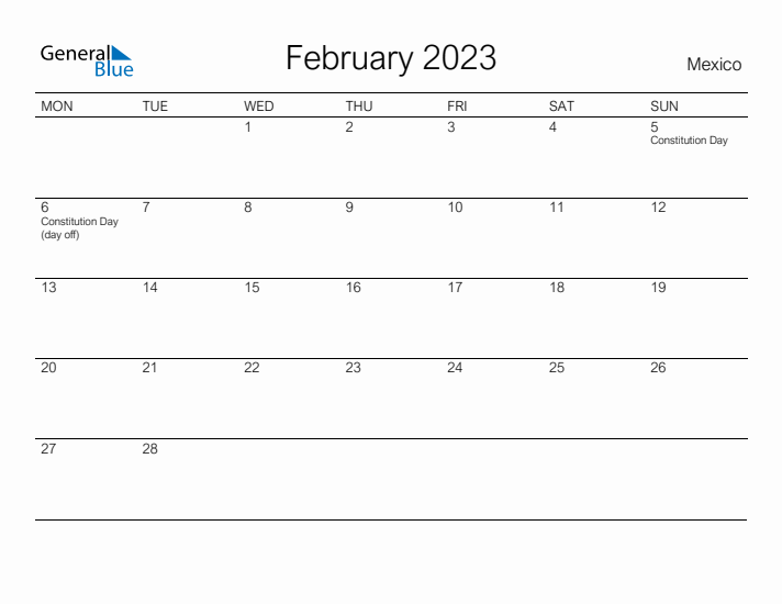 Printable February 2023 Calendar for Mexico