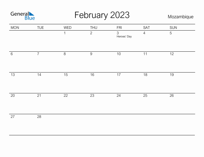 Printable February 2023 Calendar for Mozambique