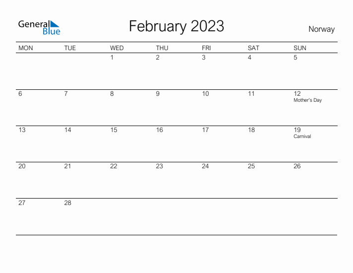 Printable February 2023 Calendar for Norway
