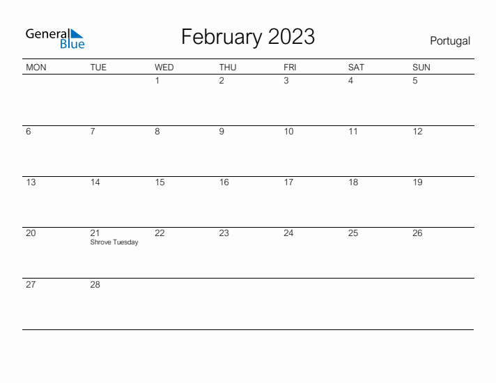 Printable February 2023 Calendar for Portugal