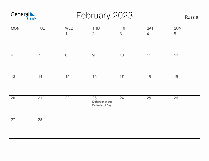 Printable February 2023 Calendar for Russia