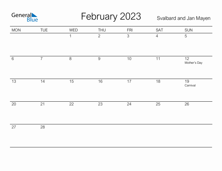 Printable February 2023 Calendar for Svalbard and Jan Mayen