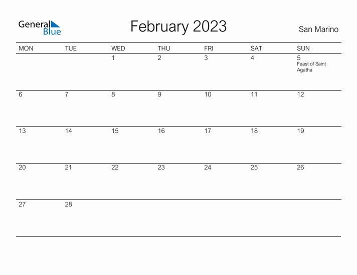 Printable February 2023 Calendar for San Marino