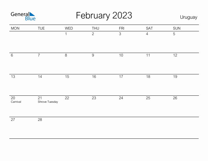 Printable February 2023 Calendar for Uruguay