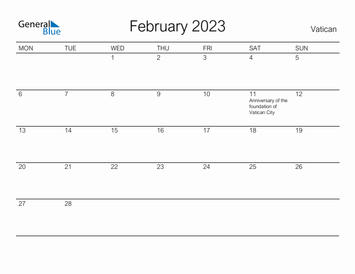 Printable February 2023 Calendar for Vatican