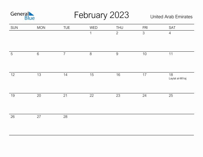 Printable February 2023 Calendar for United Arab Emirates