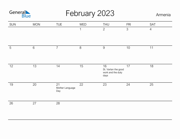 Printable February 2023 Calendar for Armenia