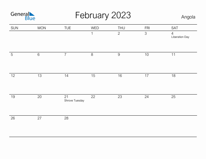 Printable February 2023 Calendar for Angola