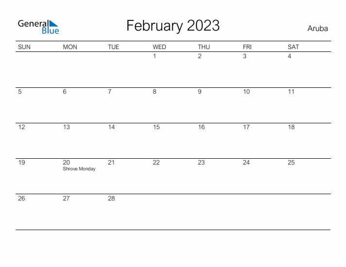 Printable February 2023 Calendar for Aruba