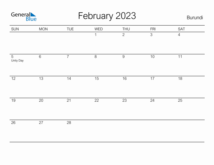 Printable February 2023 Calendar for Burundi