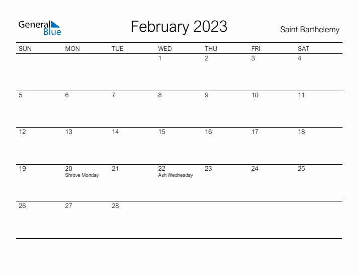 Printable February 2023 Calendar for Saint Barthelemy