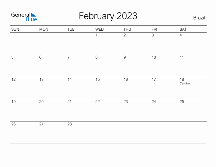 Printable February 2023 Calendar for Brazil
