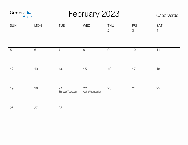 Printable February 2023 Calendar for Cabo Verde