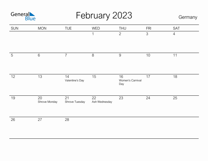 Printable February 2023 Calendar for Germany